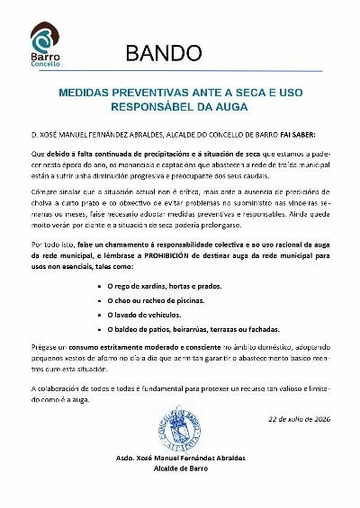 Bando da alcaldía sobre o consumo responsable e consciente da auga da traída municipal