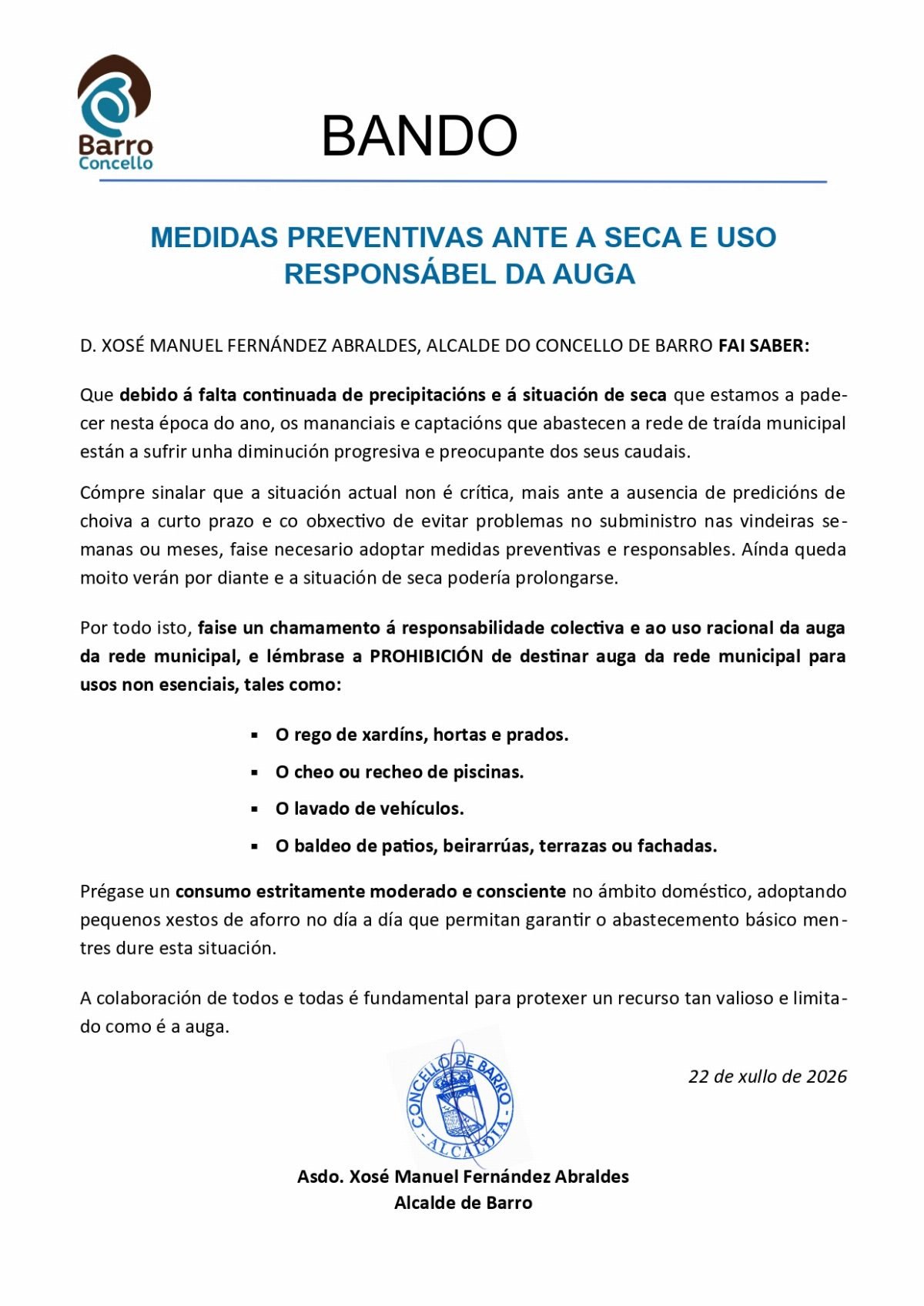 Bando da alcaldía sobre o consumo responsable e consciente da auga da traída municipal