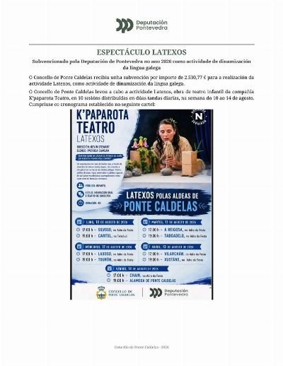 Espectáculo latexos subvencionado pola Deputación de Pontevedra no ano 2026, como actividade de dinamización da lingua galega